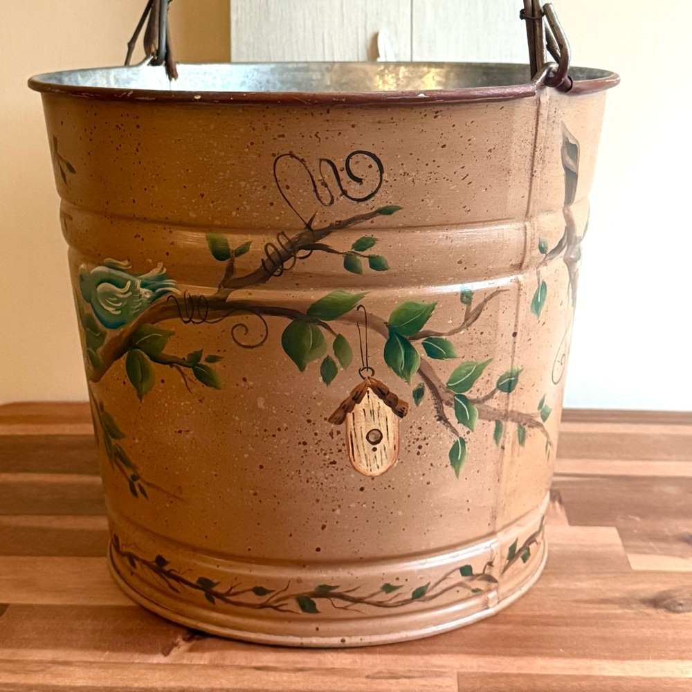 Charming Cottagecore Hand Painted Birds, Vines, Nests Galvanized Metal Bucket - Picture 5 of 10